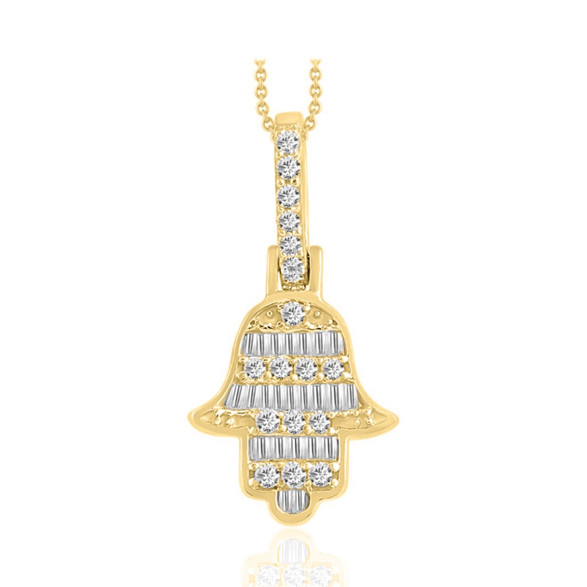 18K YELLOW GOLD 1/5CT ROUND/BAGUETTE DIAMOND LADIES PENDANT WITH CHAIN  
