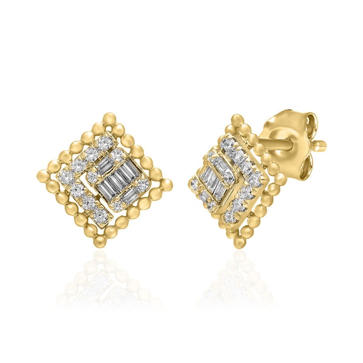 18K YELLOW GOLD 1/3CT ROUND/BAGUETTE DIAMOND LADIES EARRINGS 