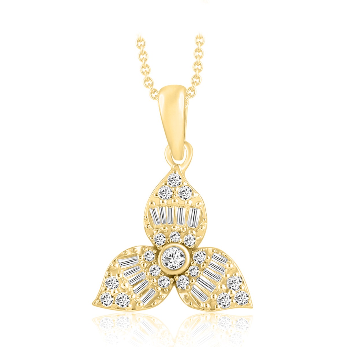 18K YELLOW GOLD 1/4CT ROUND/BAGUETTE DIAMOND LADIES PENDANT WITH CHAIN  