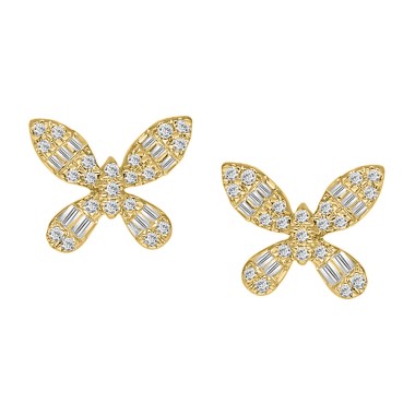 18K YELLOW GOLD 1/4CT ROUND/BAGUETTE DIAMOND LADIES EARRINGS 