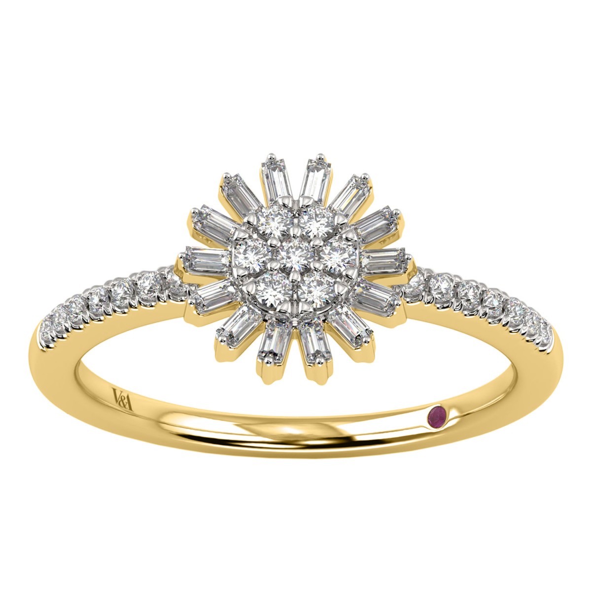 18K YELLOW GOLD 1/4CT ROUND/BAGUETTE DIAMOND LADIES FASHION RING