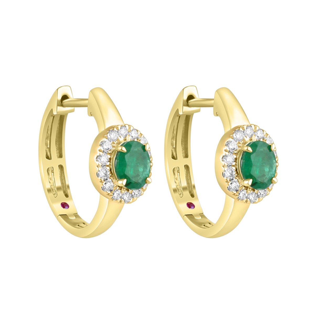 18K YELLOW GOLD 1 1/4CT ROUND/OVAL DIAMOND LADIES HOOPS EARRINGS(COLOR STONE OVAL GREEN EMERALD DIAMOND 1/2CT)