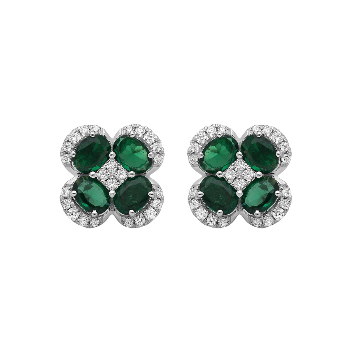 18K WHITE GOLD 2 1/4CT ROUND/OVAL DIAMOND LADIES EARRINGS(COLOR STONE OVAL GREEN EMERALD DIAMOND 2CT)