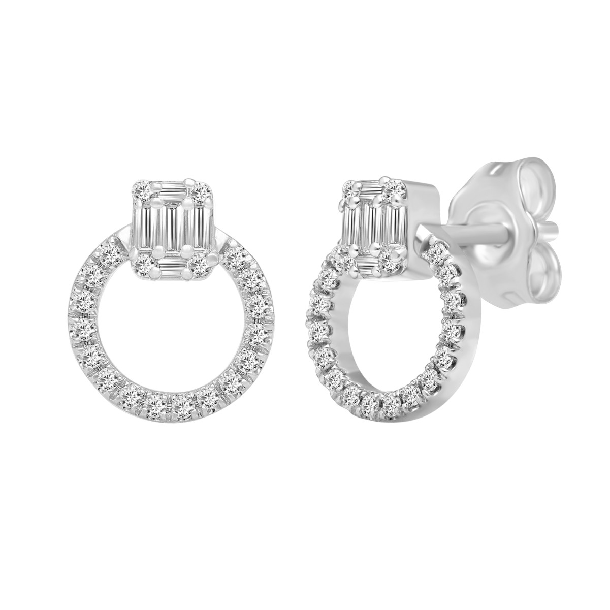 18K WHITE GOLD 1/4CT ROUND/BAGUETTE DIAMOND LADIES EARRINGS 