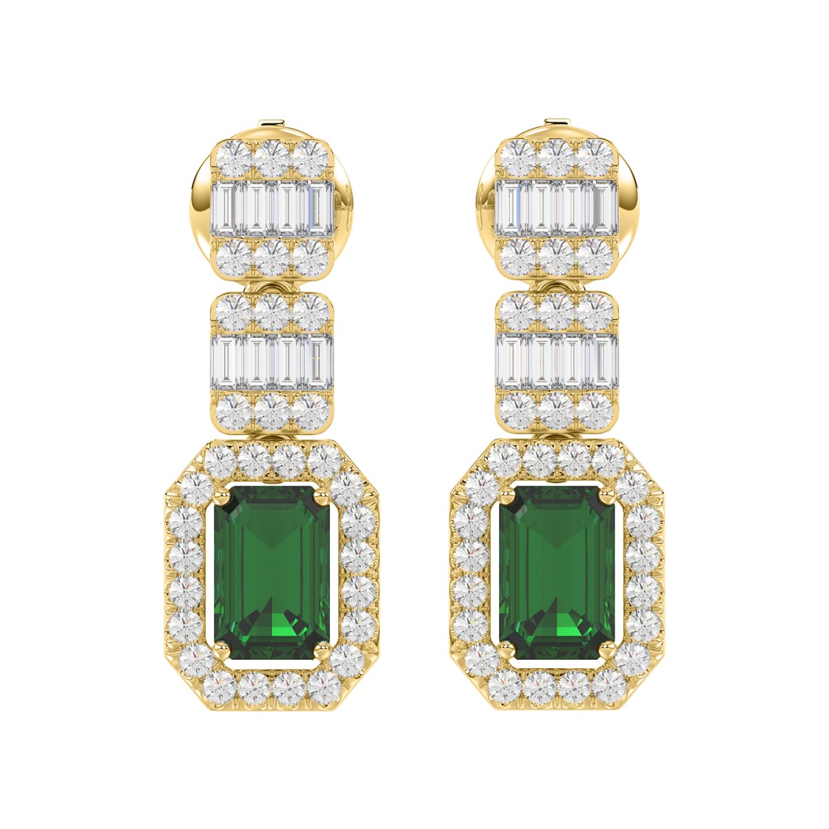 18K YELLOW GOLD 1 7/8CT ROUND/BAGUETTE/EMERALD DIAMOND LADIES EARRINGS(COLOR STONE EMERALD DIAMOND 1 1/6CT)