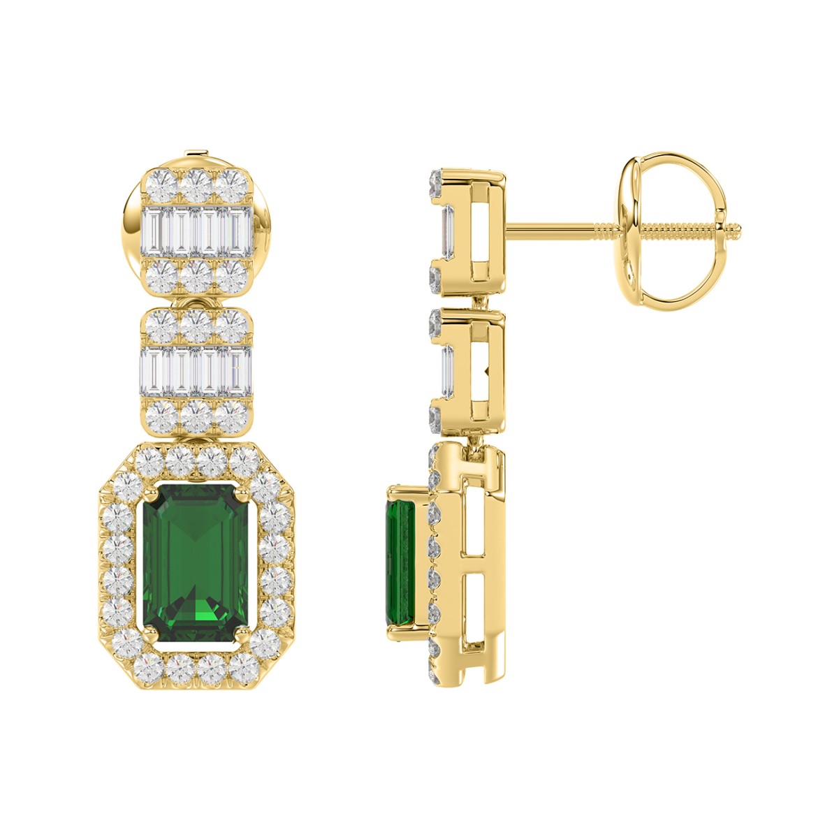 18K YELLOW GOLD 1 7/8CT ROUND/BAGUETTE/EMERALD DIAMOND LADIES EARRINGS(COLOR STONE EMERALD DIAMOND 1 1/6CT)