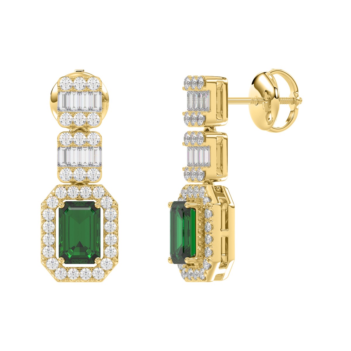 18K YELLOW GOLD 1 7/8CT ROUND/BAGUETTE/EMERALD DIAMOND LADIES EARRINGS(COLOR STONE EMERALD DIAMOND 1 1/6CT)