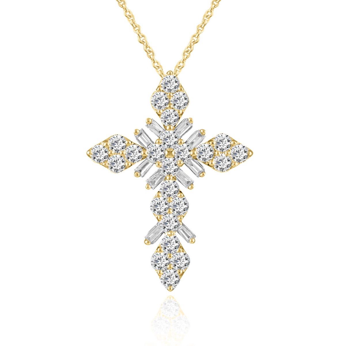 18K YELLOW GOLD 1CT ROUND/BAGUETTE DIAMOND LADIES PENDANT WITH CHAIN  