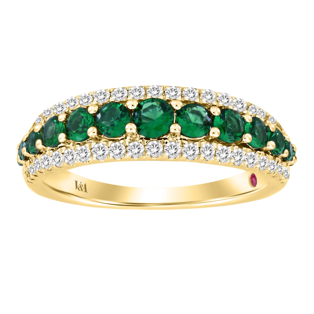 18K YELLOW GOLD 1 1/6CT ROUND DIAMOND LADIES BAND(COLOR STONE ROUND GREEN EMERALD DIAMOND 7/8CT)