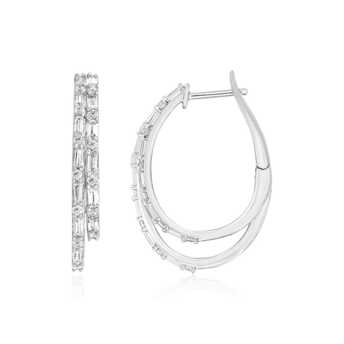 18K WHITE GOLD 3/4CT ROUND/BAGUETTE DIAMOND LADIES HOOPS EARRINGS 