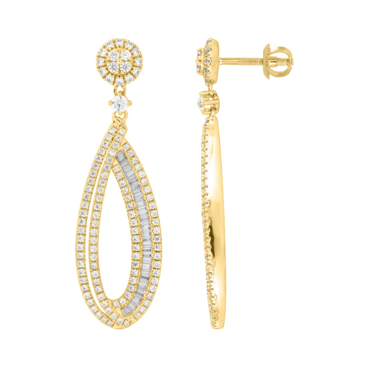 18K YELLOW GOLD 2 1/3CT ROUND/BAGUETTE DIAMOND LADIES EARRINGS 