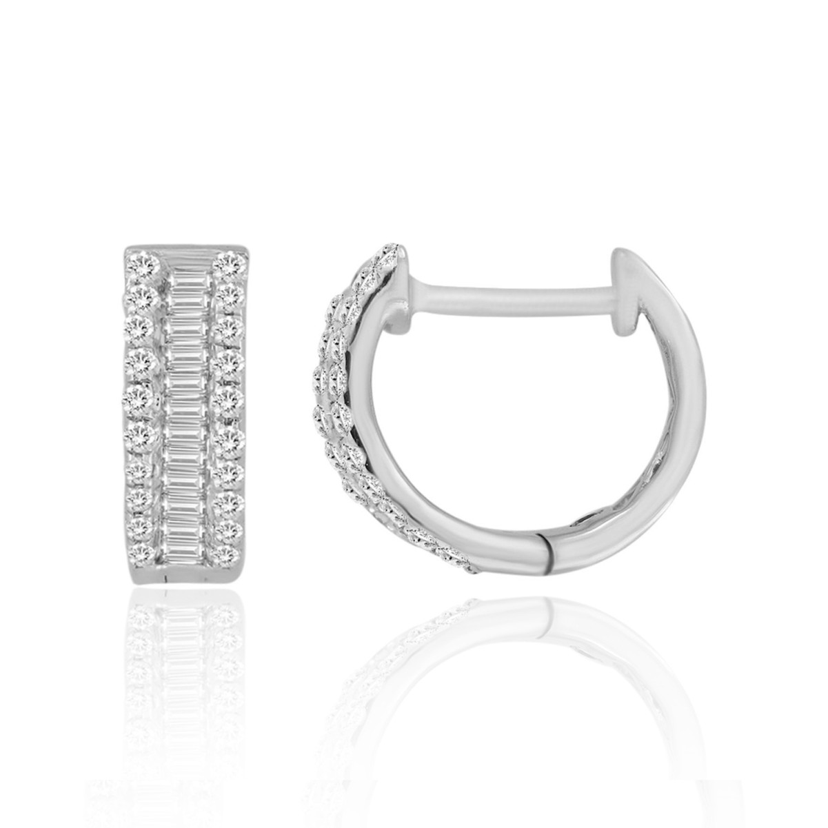 18K WHITE GOLD 3/4CT ROUND/BAGUETTE DIAMOND LADIES HOOPS EARRINGS 