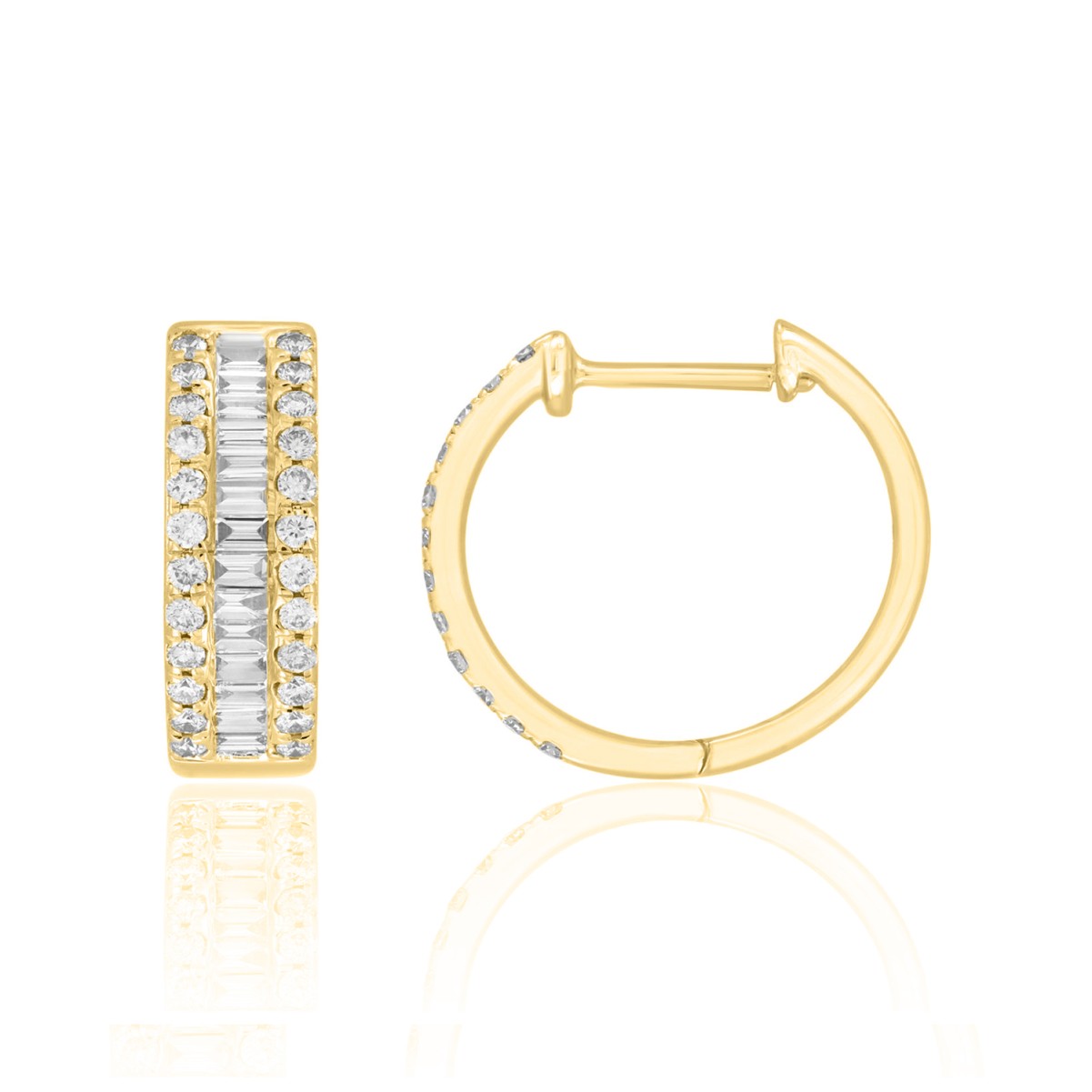 18K YELLOW GOLD 3/4CT ROUND/BAGUETTE DIAMOND LADIES HOOPS EARRINGS 