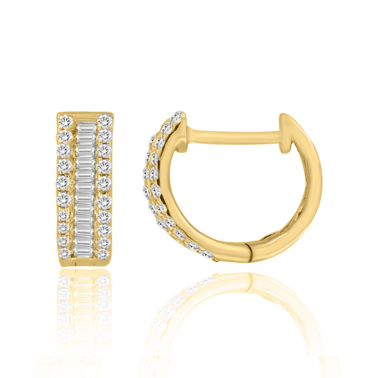 18K YELLOW GOLD 3/4CT ROUND/BAGUETTE DIAMOND LADIES HOOPS EARRINGS 