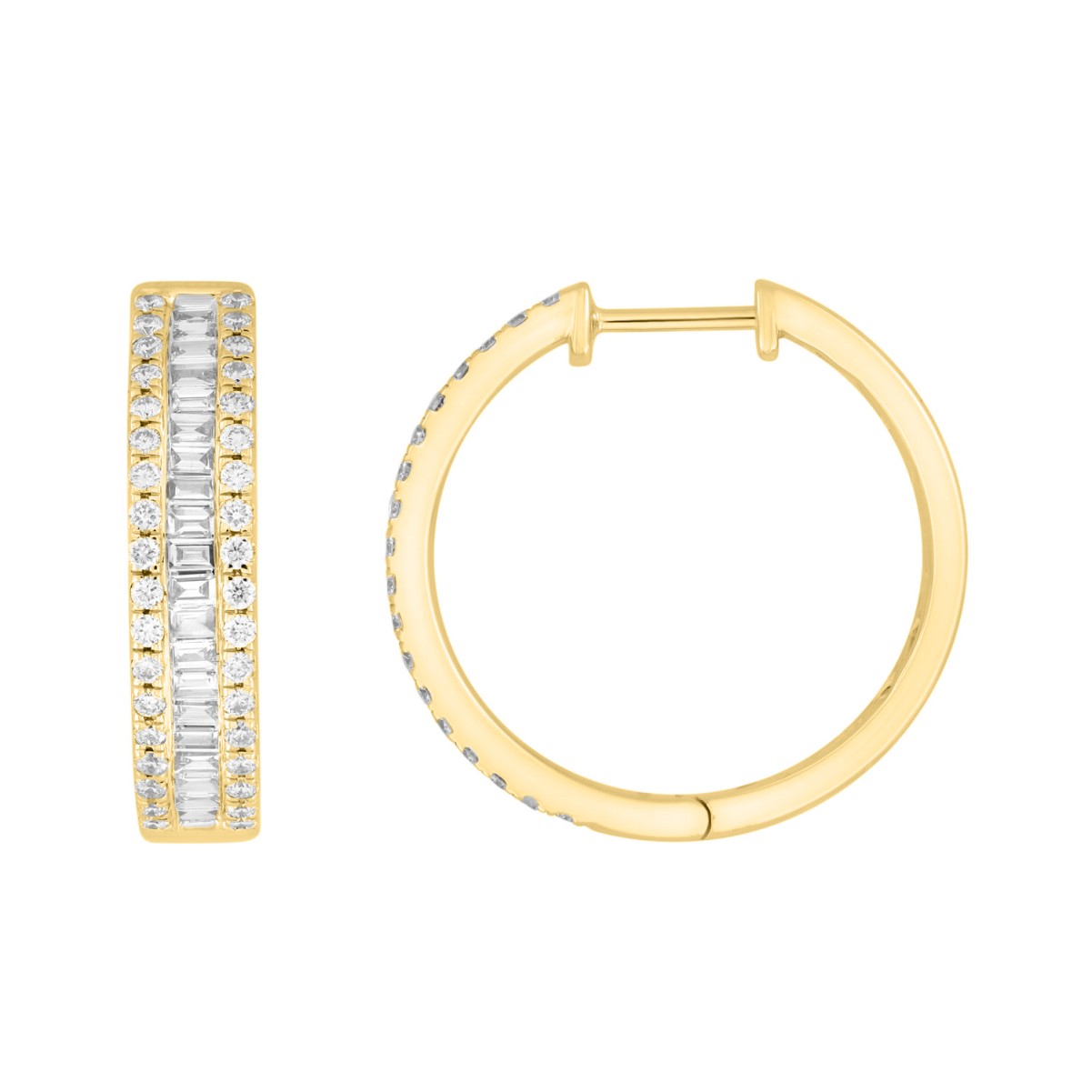 18K YELLOW GOLD 1CT ROUND/BAGUETTE DIAMOND LADIES HOOPS EARRINGS 