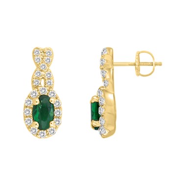 18K YELLOW GOLD 7/8CT ROUND/OVAL DIAMOND LADIES EARRINGS(COLOR STONE OVAL GREEN EMERALD DIAMOND 1/2CT)