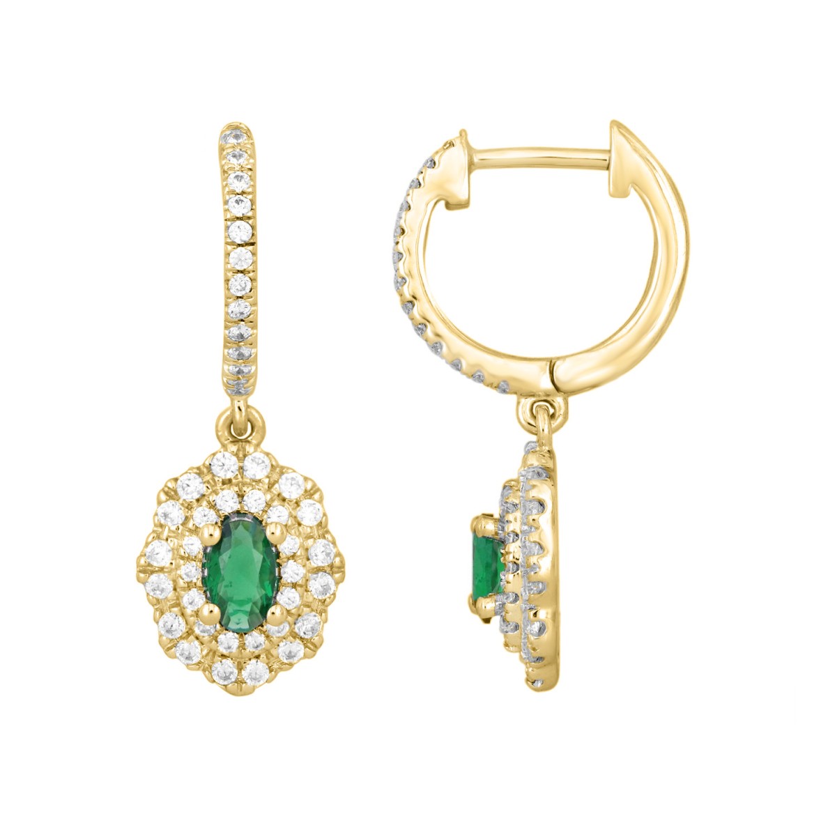 18K YELLOW GOLD 1CT ROUND/OVAL DIAMOND LADIES HOOPS EARRINGS(COLOR STONE OVAL GREEN EMERALD DIAMOND 1/2CT)