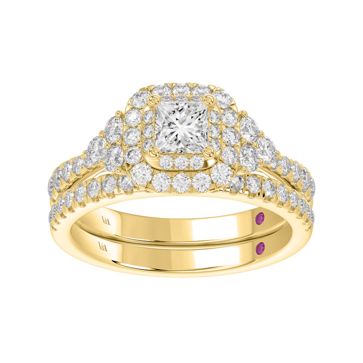 18K YELLOW GOLD 1 5/8CT ROUND/PRINCESS DIAMOND LADIES RING(CENTER STONE PRINCESS DIAMOND 1/2CT)