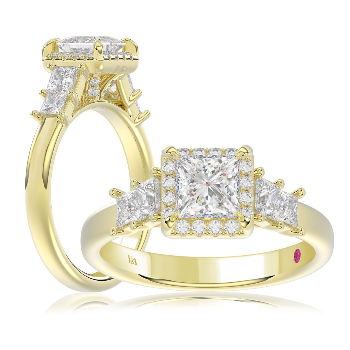 18K YELLOW GOLD 3/4CT ROUND/PRINCESS DIAMOND LADIES RING(CENTER STONE PRINCESS DIAMOND 3/4CT)