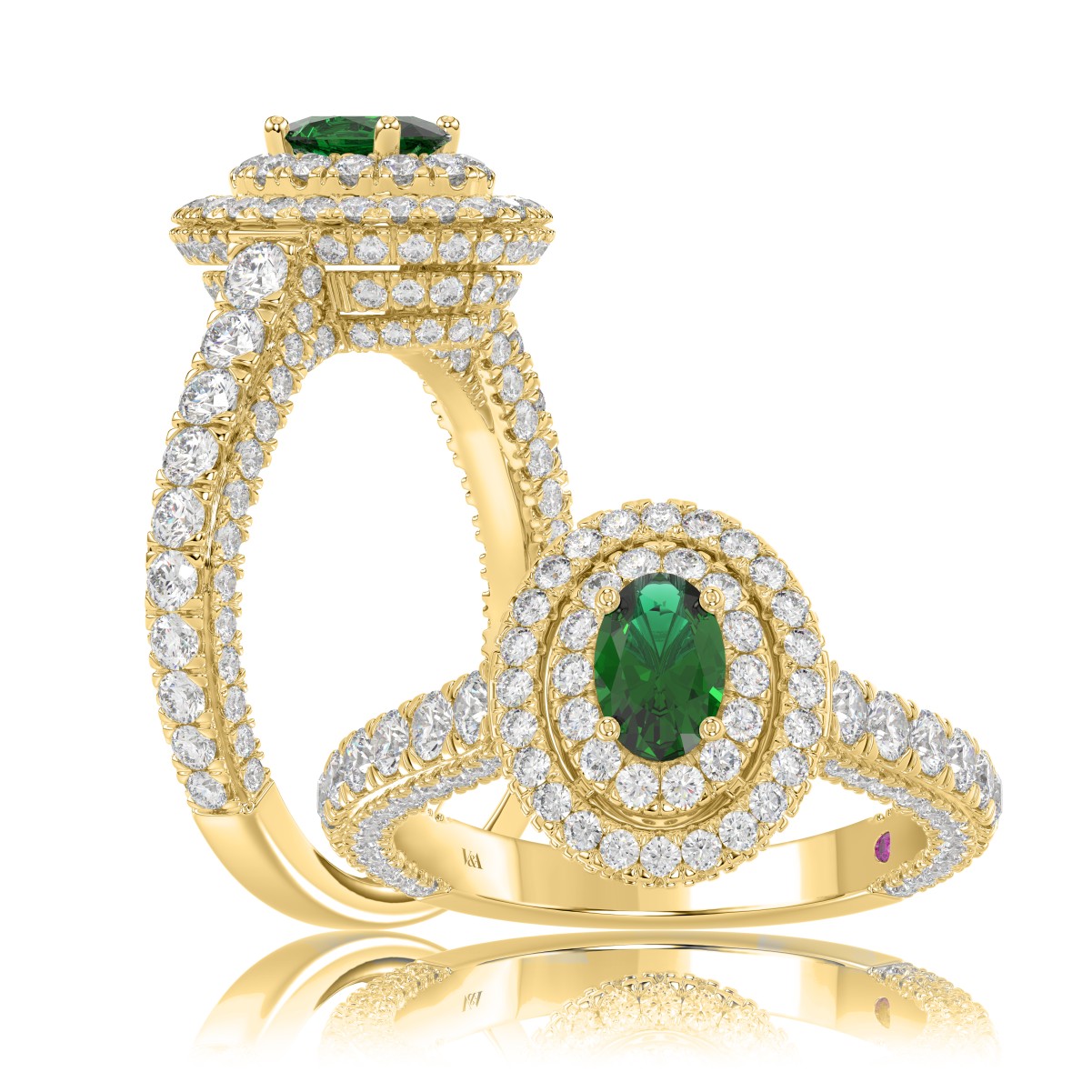 18K YELLOW GOLD 2 1/3CT ROUND/OVAL DIAMOND LADIES RING(COLOR STONE OVAL GREEN EMERALD DIAMOND 7/8CT)