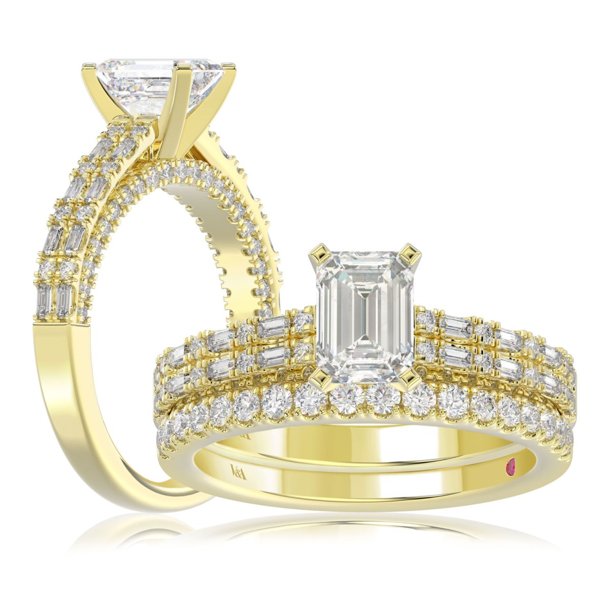 18K YELLOW GOLD 3/4CT ROUND/BAGUETTE DIAMOND LADIES SEMI MOUNT BRIDAL SET(CENTER STONE MOUNT EMERALD DIAMOND 1CT)