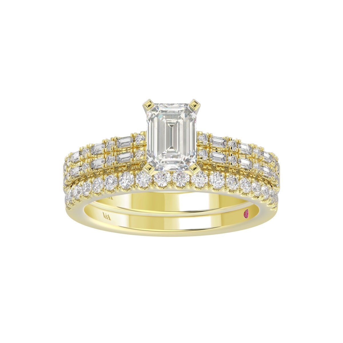 18K YELLOW GOLD 3/4CT ROUND/BAGUETTE DIAMOND LADIES SEMI MOUNT BRIDAL SET(CENTER STONE MOUNT EMERALD DIAMOND 1CT)