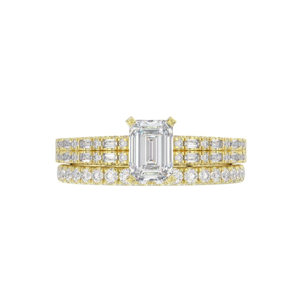 18K YELLOW GOLD 3/4CT ROUND/BAGUETTE DIAMOND LADIES SEMI MOUNT BRIDAL SET(CENTER STONE MOUNT EMERALD DIAMOND 1CT)