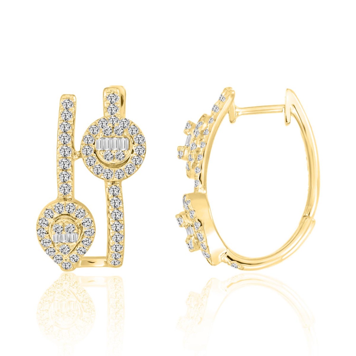 18K YELLOW GOLD 1CT ROUND/BAGUETTE DIAMOND LADIES HOOPS EARRINGS 