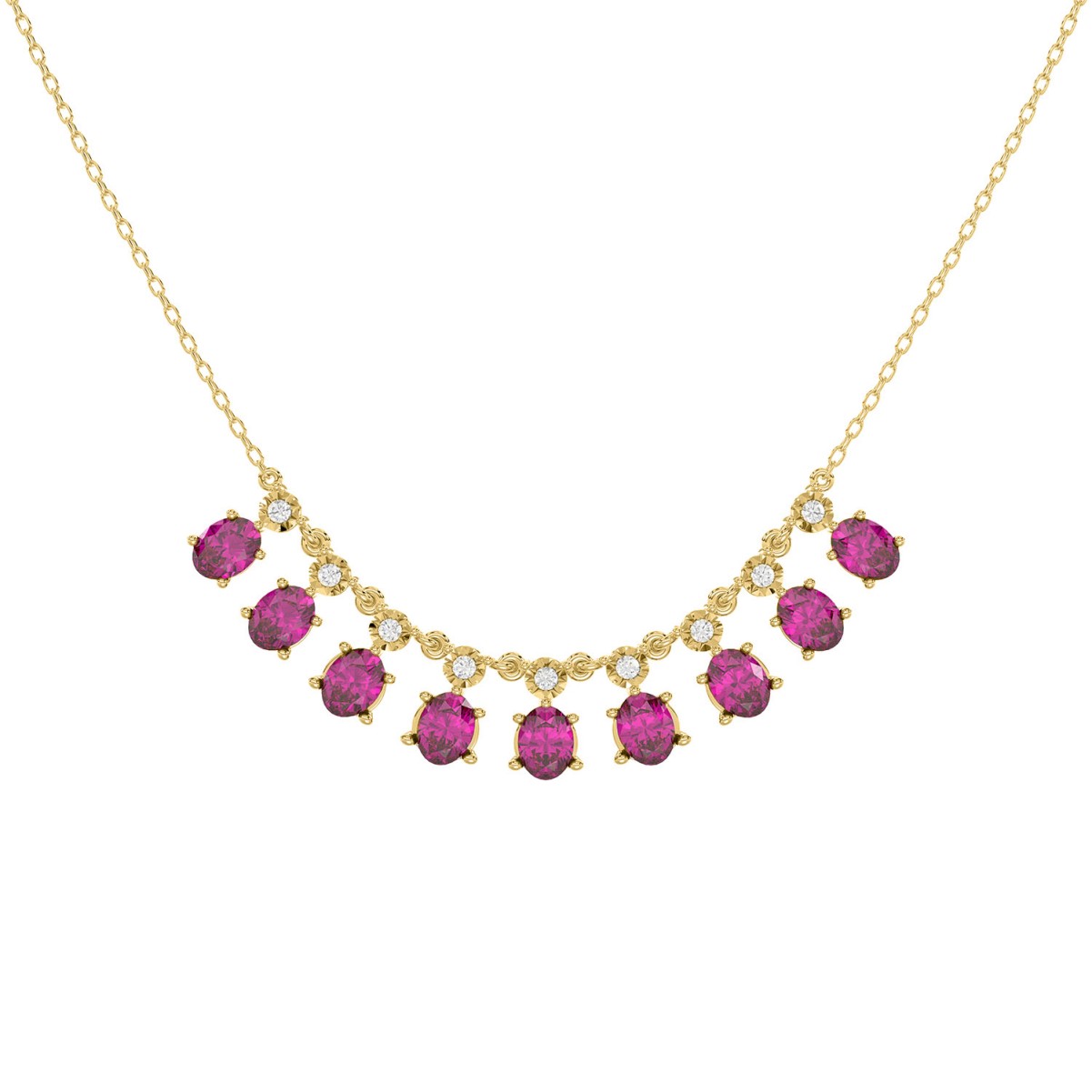 18K YELLOW GOLD 5/8CT ROUND/OVAL DIAMOND LADIES NECKLACE(COLOR STONE RUBY DIAMOND 1/2CT)