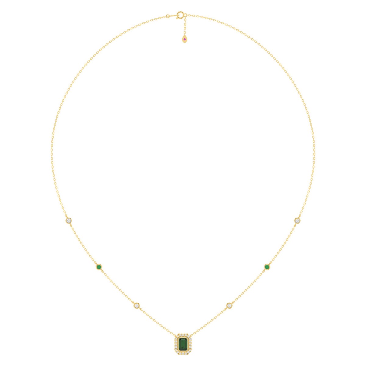 18K YELLOW GOLD 7/8CT ROUND/EMERALD DIAMOND LADIES NECKLACE (CENTER STONE GREEN EMERALD 1/2CT/GREEN EMERALD ROUND 1/15CT)