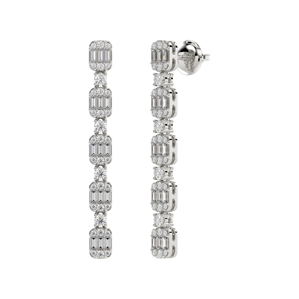 14K WHITE GOLD 1CT ROUND/BAGUETTE DIAMOND LADIES EARRINGS 