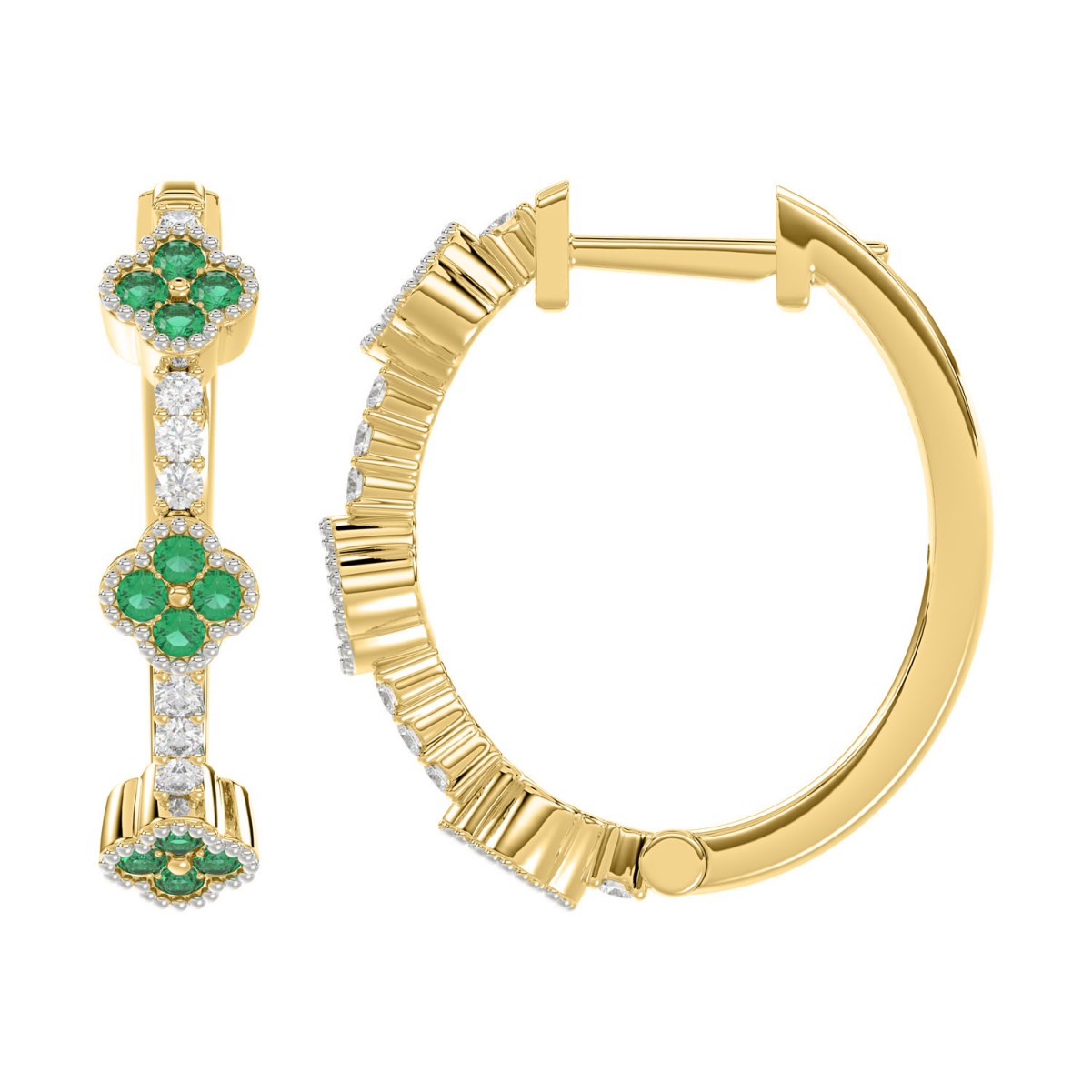 18K YELLOW GOLD 1/4CT ROUND DIAMOND HOOP EARRINGS (COLOR STONE GREEN EMERALD DIAMOND 1/10CT)