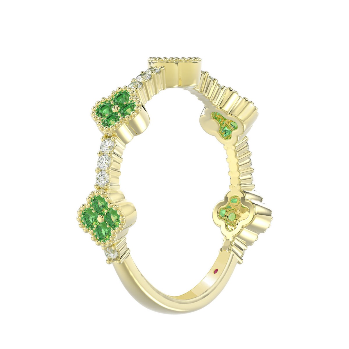 18K YELLOW GOLD 1/4CT ROUND DIAMOND LADIES RING(COLOR STONE ROUND GREEN EMERALD DIAMOND 1/10CT)