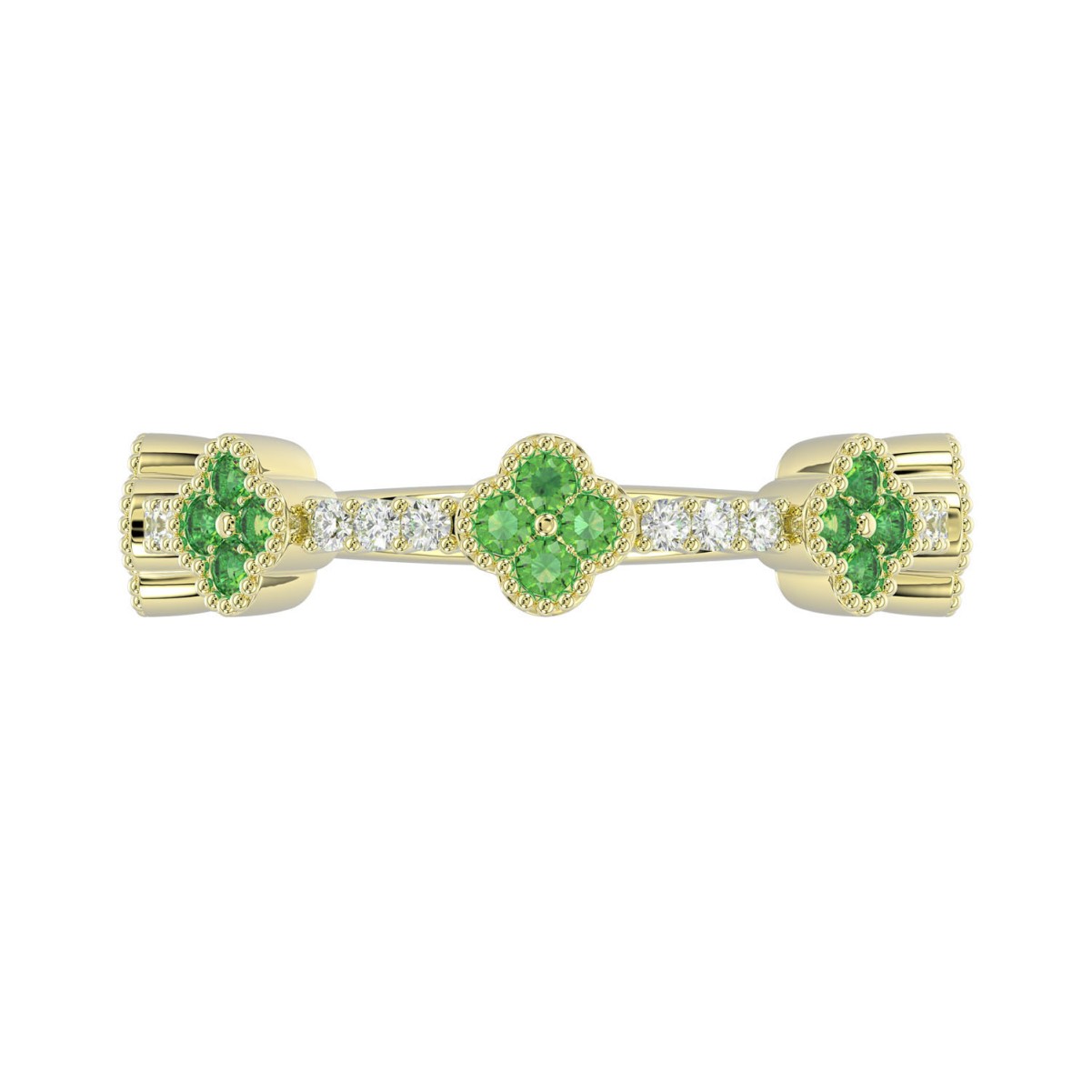 18K YELLOW GOLD 1/4CT ROUND DIAMOND LADIES RING(COLOR STONE ROUND GREEN EMERALD DIAMOND 1/10CT)