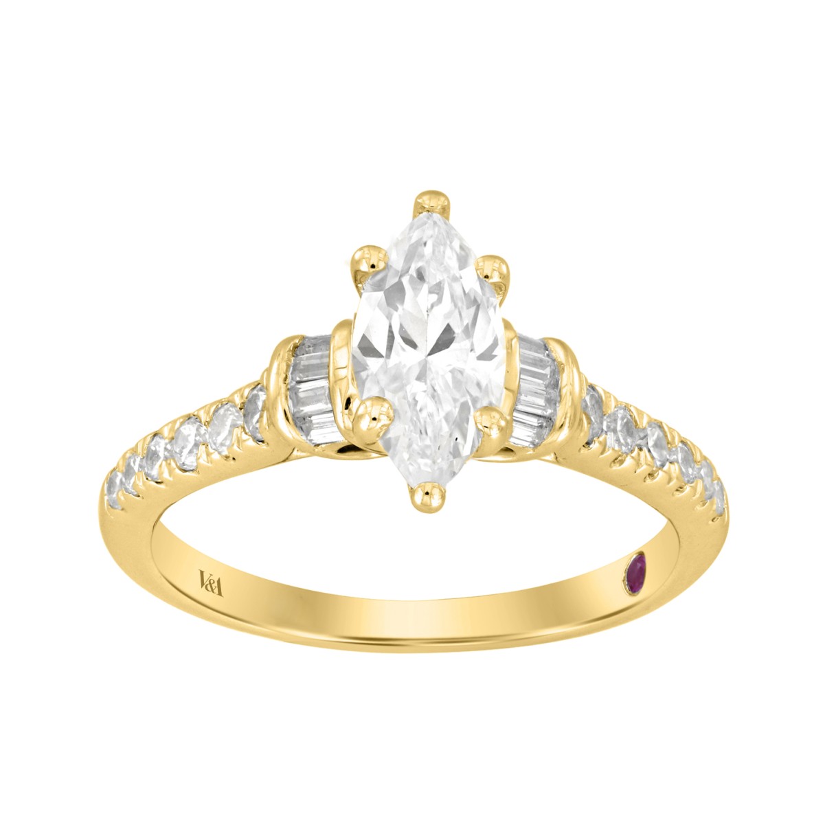 18K YELLOW GOLD 1/10CT ROUND/MARQUISE DIAMOND LADIES RING (CENTER STONE MARQUISE DIAMOND 3/4CT)