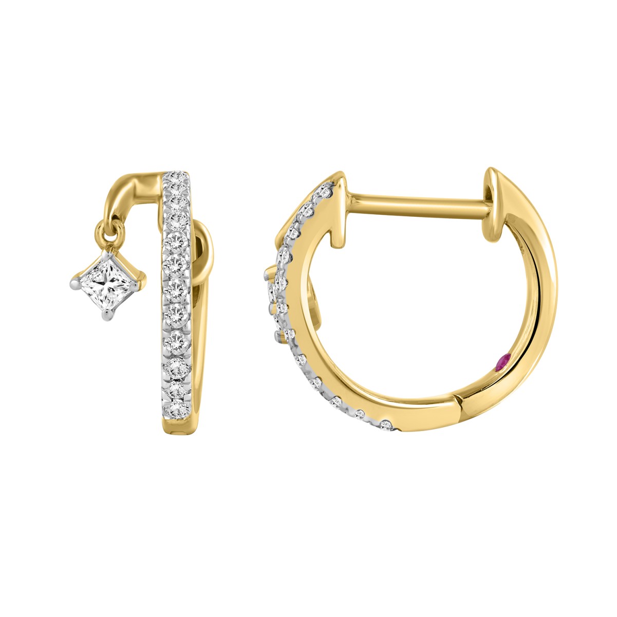 18K YELLOW GOLD 1/4CT ROUND/PRINCESS DIAMOND LADIES HOOP EARRINGS