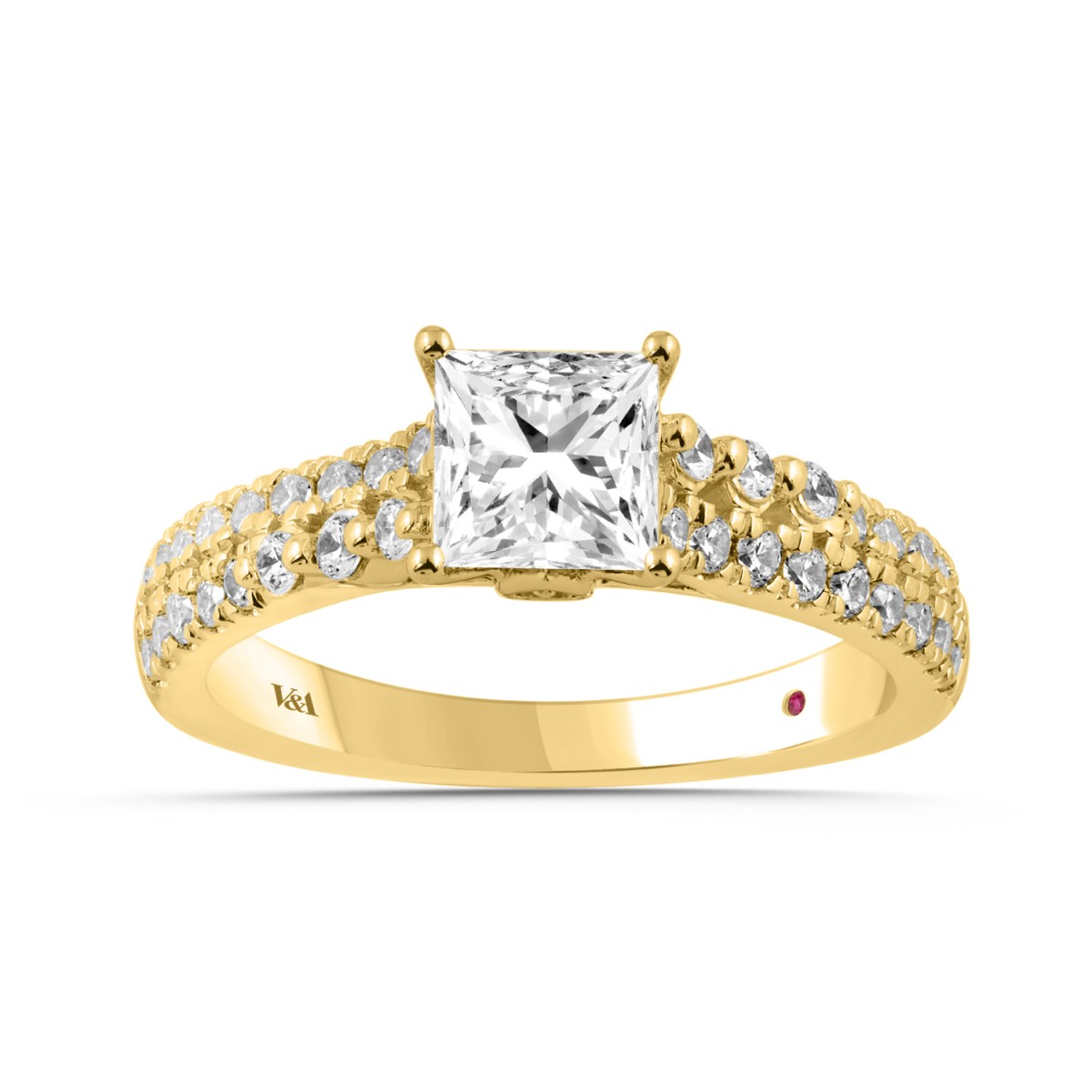 18K YELLOW GOLD 1 1/2CT ROUND/PRINCESS DIAMOND SEMI MOUNT LADIES RING (CENTER STONE PRINCESS DIAMOND 1CT)